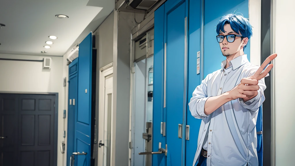1 male, blue hair, wearing white glasses, pointing behind, not wearing clothes, high quality, 8k