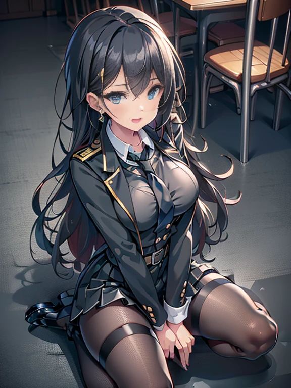 (from above:1.2),(Beautiful Allafed Woman),(((emphasizing breasts:1.0))),(Dynamic angles),(Dynamic and sexy bending pose:1.3),(sit a chair:1.3),(masterpiece:1.2), (Military uniform magazine cover:1.4),best quality,PIXIV,Sweet girl , sexy posture,1girl, (perky chest:1.2), rolling upskirt by wind:1.6, (with sparkling eyes and a contagious smile),open mouth, (pointed chest:1.2),fishnets, black hair, boots, long hair, black nails, skirt, shirt, solo, black footwear, bag, black skirt, jewelry, sitting, jacket, on head, black jacket, thigh strap, bangs, necktie, earrings, nail polish, white shirt, fishnet pantyhose, pantyhose, platform footwear, multicolored hair, looking at viewer, full body, bottle, own hands together, belt, jacket on shoulders, food, animal on head, black necktie, ring, choker, english text, collared shirt, blue eyes, platform boots, hat, cross-laced footwear, lace-up boots ,A scene of cooking in the kitchen
