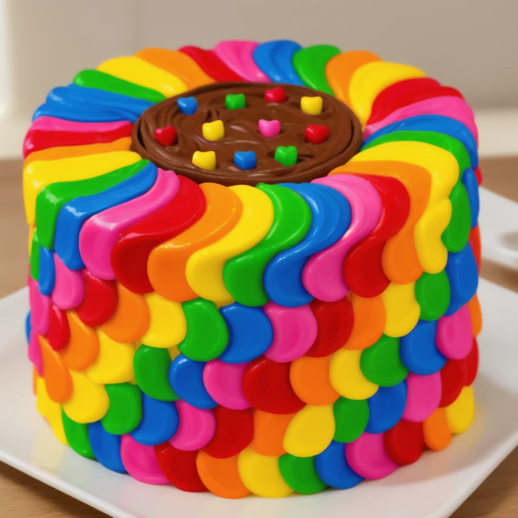 on a wooden table. there is a square white plate. rainbow cream cake. smears of cream in a checkerboard pattern, hole with chocolate drips on top,  ((cream highlights)), against the background of the kitchen, window in the background, vases with plants, Fruit basket, Beautiful light from the window, contour light, Multiple light sources, beautiful sunlight, Bright light source, bright lighting, beautiful light sources, Multiple light sources, Realistic style , realistic texture, detailed texture, A high resolution, high quality, macro photography 