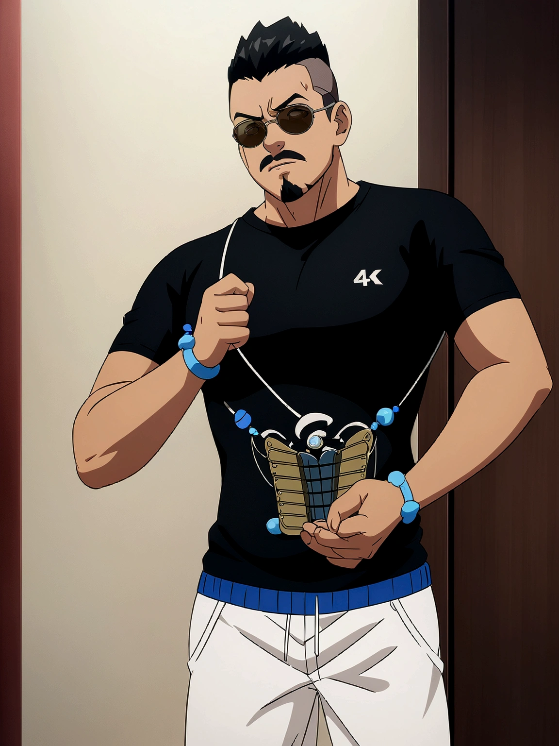 Dark-skinned man in black jacket and sunglasses standing on the street, undercut haircut, Bblack hair, mustache with black goatee, natta, anime 8K foda, anime wallpaper 4k, 4K anime-style, 8K anime art wallpaper, anime wallpaper 4k, anime wallpaper 4k, 4K cartoon wallpaper, best anime 4K Konachan Wallpaper Konachan Wallpaper 4K, 4K anime art wallpaper, 4K anime art wallpaper