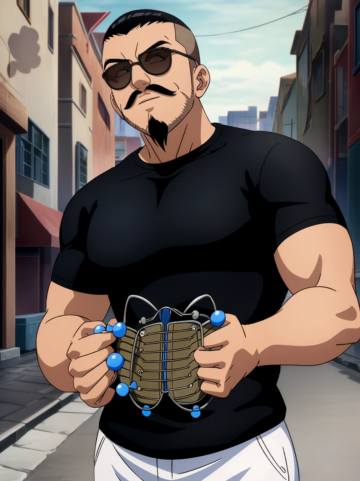 Dark-skinned man in black jacket and sunglasses standing on the street, undercut haircut, Bblack hair, mustache with black goatee, natta, anime 8K foda, anime wallpaper 4k, 4K anime-style, 8K anime art wallpaper, anime wallpaper 4k, anime wallpaper 4k, 4K cartoon wallpaper, best anime 4K Konachan Wallpaper Konachan Wallpaper 4K, 4K anime art wallpaper, 4K anime art wallpaper