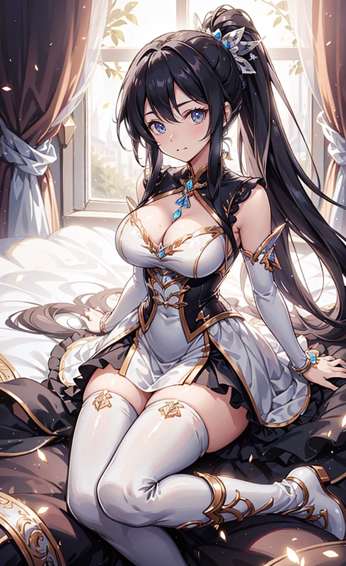 (shine:1.2), (Sparks:1.2), (shine:1.2), (best quality), (Masterpiece:1.2), (anime style),Super bright colors,colorful,Beautiful and delicate face and hair,perfect body,black and white double ponytail,princess dress,lace,fold,Ruffle, White stockings, long boots,seductive pose,luxurious bedroom,nighttime,big breasts,Show your breasts