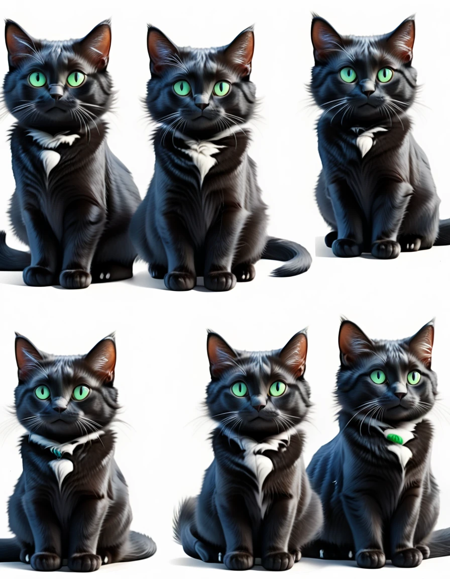 3D style cartoon, Cartoon style, Disney-Pixar Style, Digital Painting, White Background, Different positions, high quality, 最high quality, Masterpiece of Art, 8K.., One cat, Cute black cat , Dark Theme, Furry, not human, Cat whole body, Green and Blue Odd-Eye