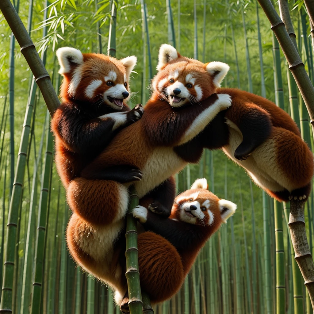 Two red pandas playing happily in the bamboo forest