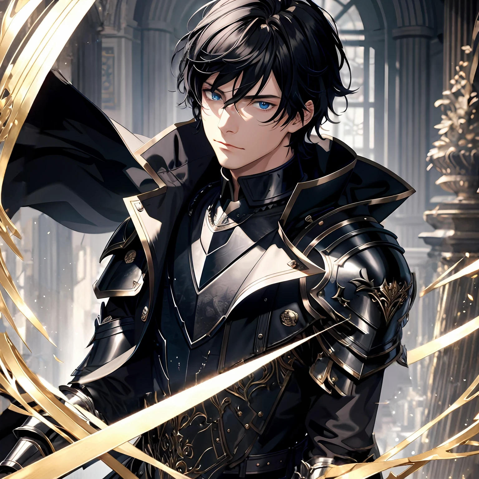 masterpiece, best quality, 1man, adult, male focus, solo, medium hair, black hair,, looking at viewer, cape, High quality metal texture, overcoat, closed mouth, upper body, bangs, high collar,(kbxll:0.6), Fantasy aesthetics, Highly detailed, shadowverse style, armored gloves, metallic gloves, black armor