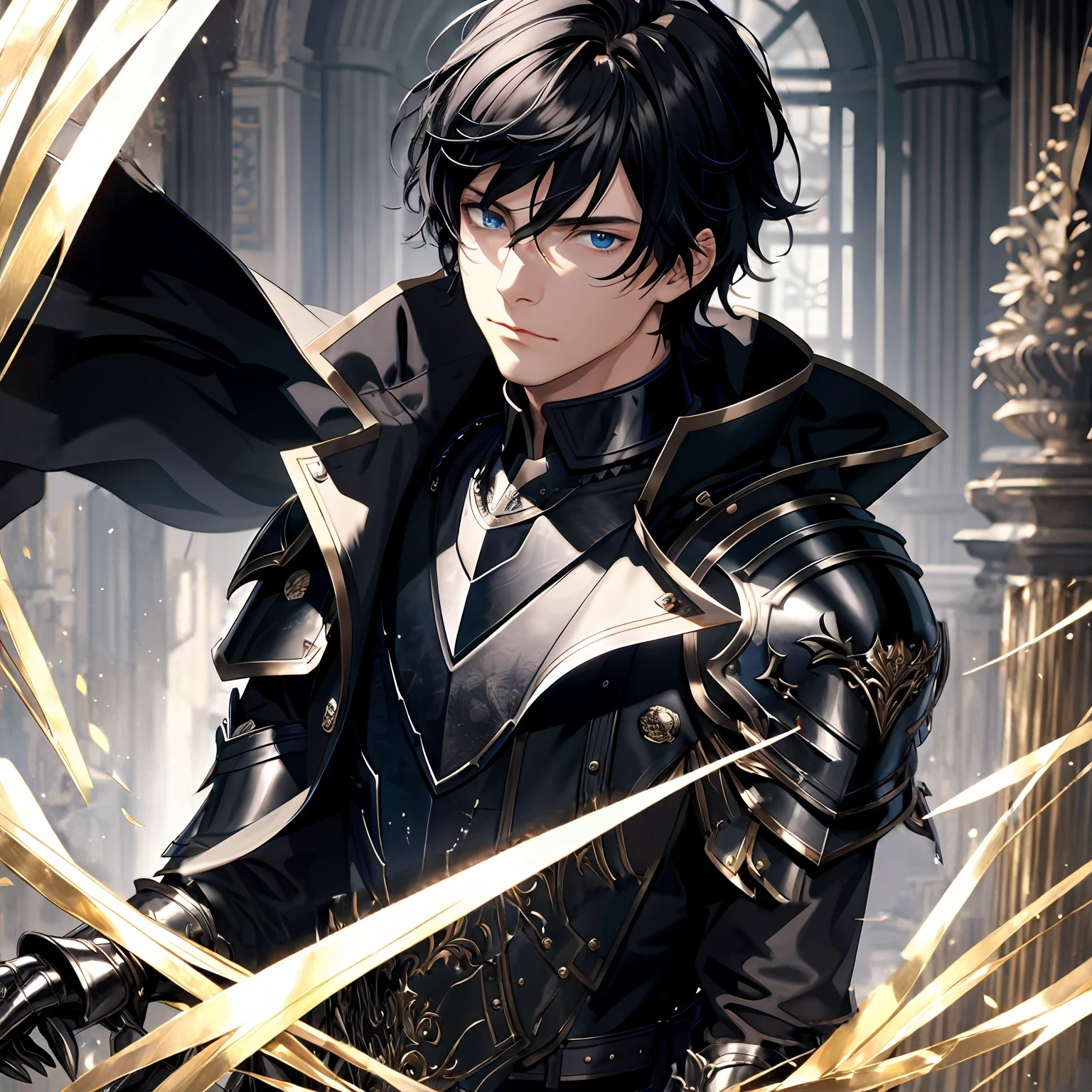 masterpiece, best quality, 1man, adult, male focus, solo, medium hair, black hair,, looking at viewer, cape, High quality metal texture, overcoat, closed mouth, upper body, bangs, high collar,(kbxll:0.6), Fantasy aesthetics, Highly detailed, shadowverse style, armored gloves, metallic gloves, black armor