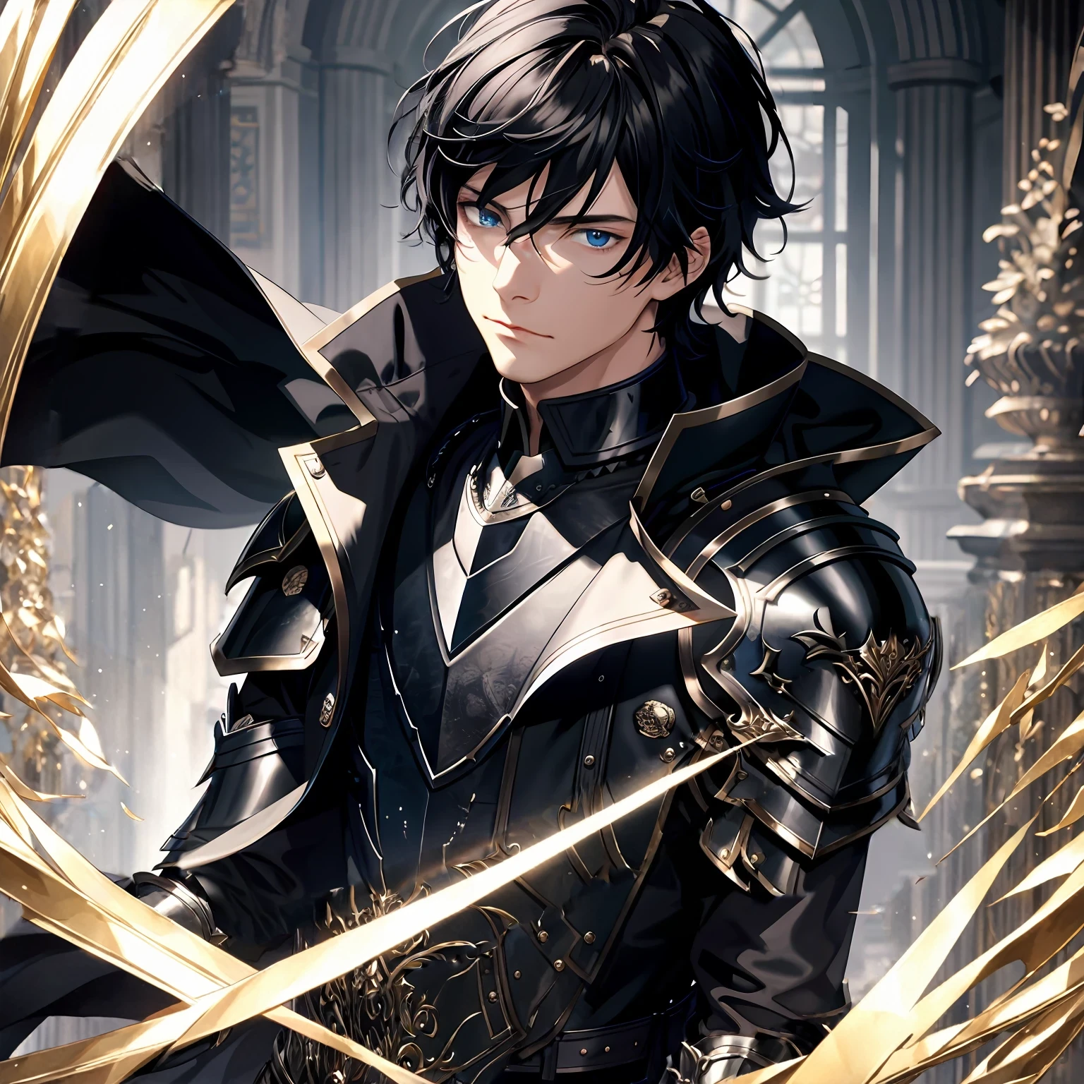 masterpiece, best quality, 1man, adult, male focus, solo, medium hair, black hair,, looking at viewer, cape, High quality metal texture, overcoat, closed mouth, upper body, bangs, high collar,(kbxll:0.6), Fantasy aesthetics, Highly detailed, shadowverse style, armored gloves, metallic gloves, black armor
