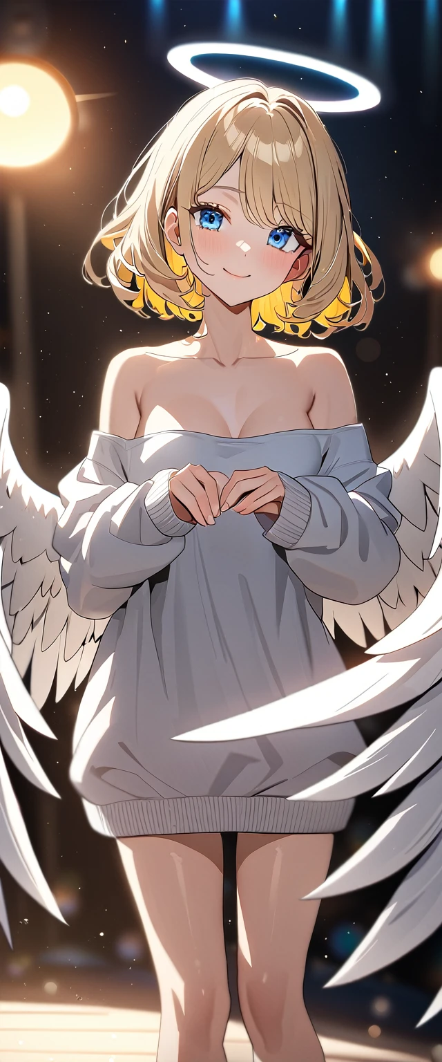 (((One girl))), (((cowboy shot))), ((flying)), ((angel, big big white wings:1.2, halo:1.3)), Uriel, ((wavy hair, outward curled hair)), evening, Sunset, ((blond hair, bob cut:1.3)), breasts, teenager, (looking at viewer), oversized clothes, puffy long sleeves, collarbone, ((off-shoulder sweater dress:1.3, Quite thick shoulder straps)), (((sleeves past wrists:1.3))), ((white sweater)), collarbone, head tilt:1.3, (((blue eyes))), ((happy smile)), (((anime style))), (best quality, 4K, 8K, highres, masterpiece:1.2, ultra-detailed, ultra-detailed eyes, HDR, uhd, studio lighting, ultra-fine painting, sharp focus, physically-based rendering, extreme detail description, professional, vivid colors, bokeh), ((Highest quality, Best image quality, Ultra-high resolution, Ultra-high resolution, solo, Strong eye highlights)), Depth of written boundary, Natural soft light, attractive, Beautiful Face, Cleanliness, Pure Face, medium chest, Beautiful Face, Perfect Fingers, Perfect hands, Perfect body, Perfect Face, Shine a light into your eyes, Perfect Anatomy