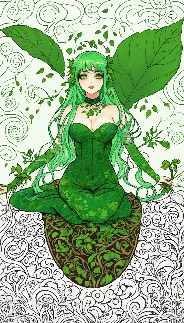 beautiful dlyad girl, long green hair, large breasts, full body, personified, fantasy, expressive eyes, beautiful face, leaves, weeds, sprouts, trees, soil, ethereality, fantasy card game frame, psychedelic, psychedelic delusion, masterpiece 