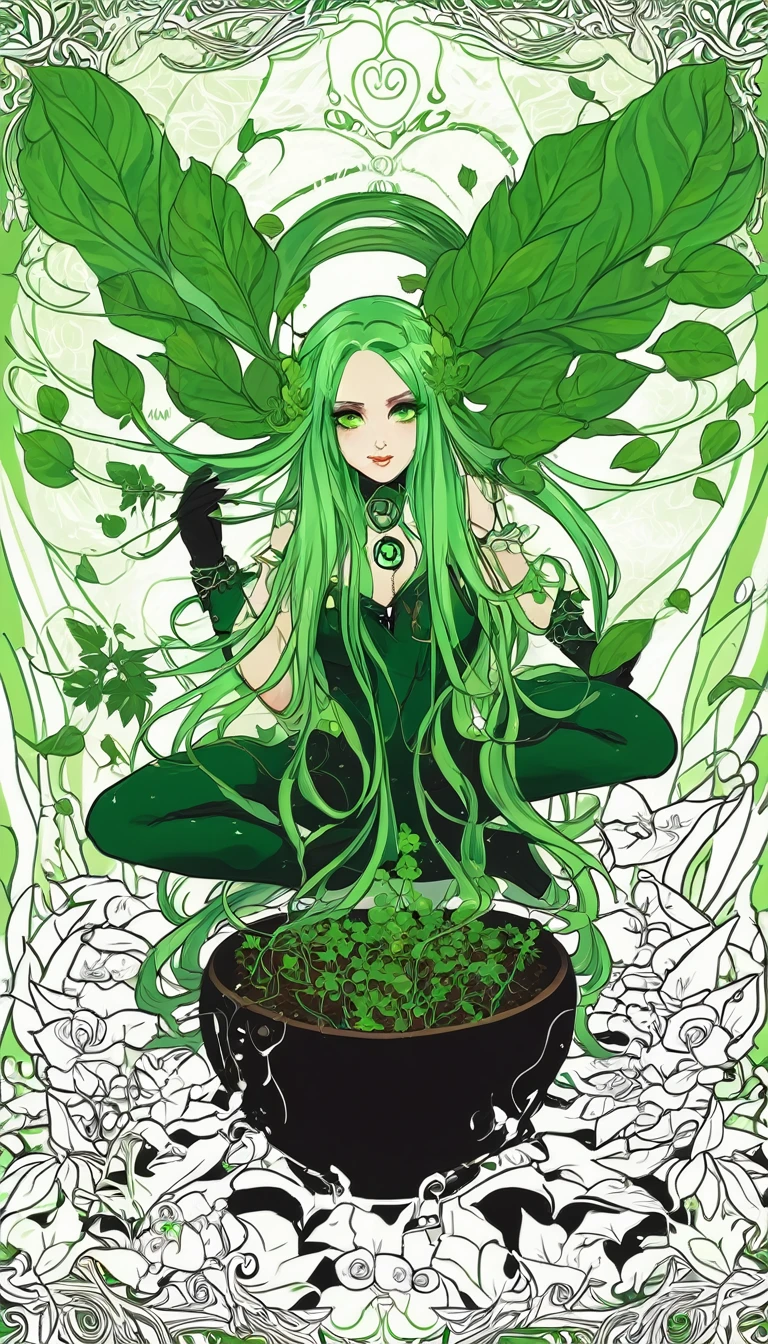 beautiful dlyad girl, long green hair, large breasts, full body, personified, fantasy, expressive eyes, beautiful face, leaves, weeds, sprouts, trees, soil, ethereality, fantasy card game frame, psychedelic, psychedelic delusion, masterpiece 