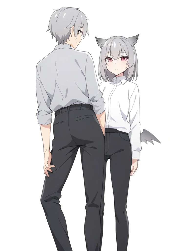 A slender, feminine looking boy, gray owl ears and small wings, submissive look and shirt with black pants