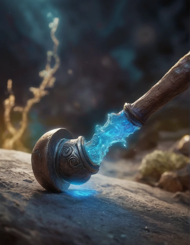bioluminescent, fabulous, magical radiance, Concept art, depth of field, realistic, cinematic lighting, soft shadows, asymmetrical fractal, colorful, vivid colors, volumetric lighting, wind, particles, ral-crztlgls of a (Hammer :1.2) , in a Elder Scrolls setting, 50s Art, Selective focus,