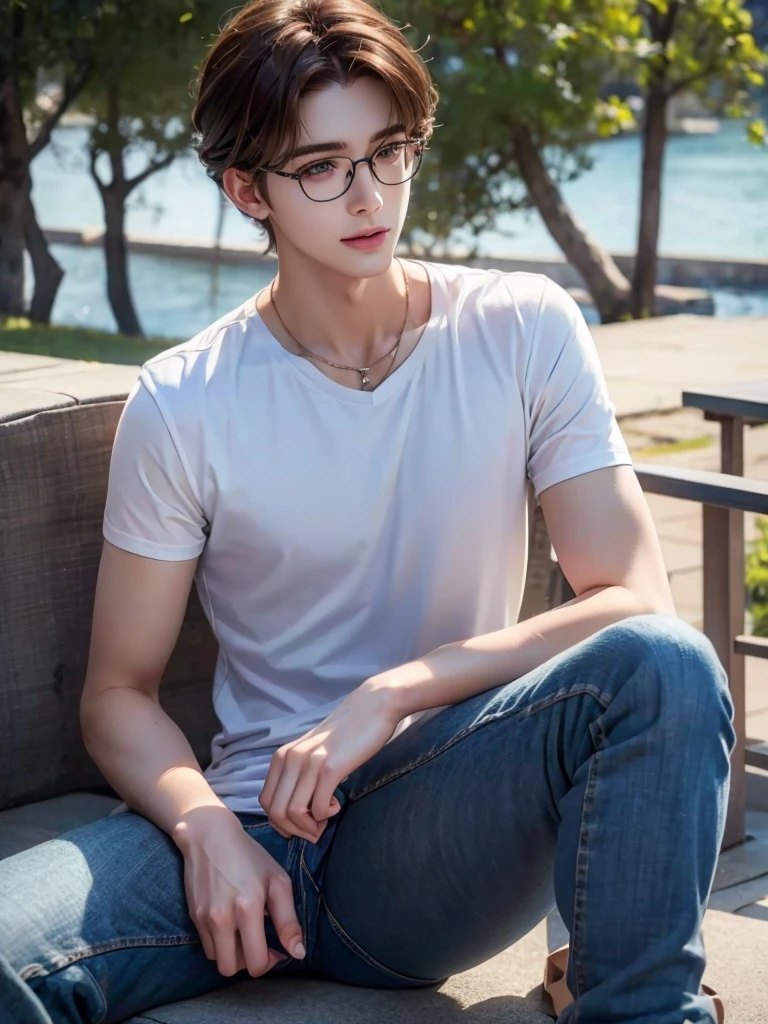 1 teenage boy, detailed eyes, curly brown hair, pale smooth skin, sitting outdoors, skinny jeans, plaid shirt, t-shirt, model, (best quality,4k,8k,highres,masterpiece:1.2),ultra-detailed,(realistic,photorealistic,photo-realistic:1.37),hyperrealistic, cinematic lighting, professional photography, natural setting, warm color tones, pale skin ultra realistic soft smooth skin, soft smile, wearing glasses