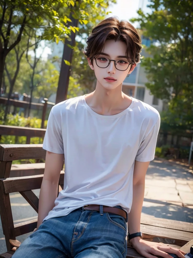 1 teenage boy, detailed eyes, curly brown hair, pale smooth skin, sitting outdoors, skinny jeans, plaid shirt, t-shirt, model, (best quality,4k,8k,highres,masterpiece:1.2),ultra-detailed,(realistic,photorealistic,photo-realistic:1.37),hyperrealistic, cinematic lighting, professional photography, natural setting, warm color tones, pale skin ultra realistic soft smooth skin, soft smile, wearing glasses