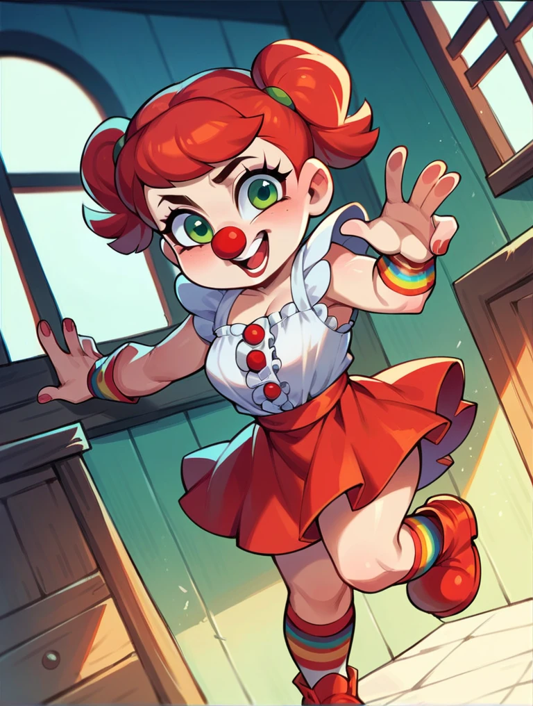 Draw me a circus , made entirely of iron, with short red hair, wearing a red skirt, red clown shoes, green eyes, and a red nose. From the world of electronic games, she breaks the window using her foot to get into the house.