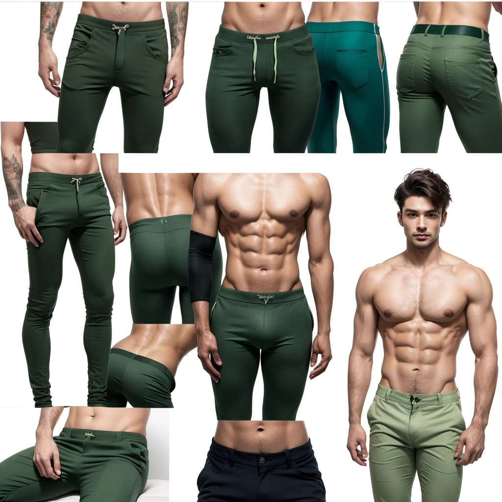  5 Men in tight green pants and there is a noticeable bulge through the pants