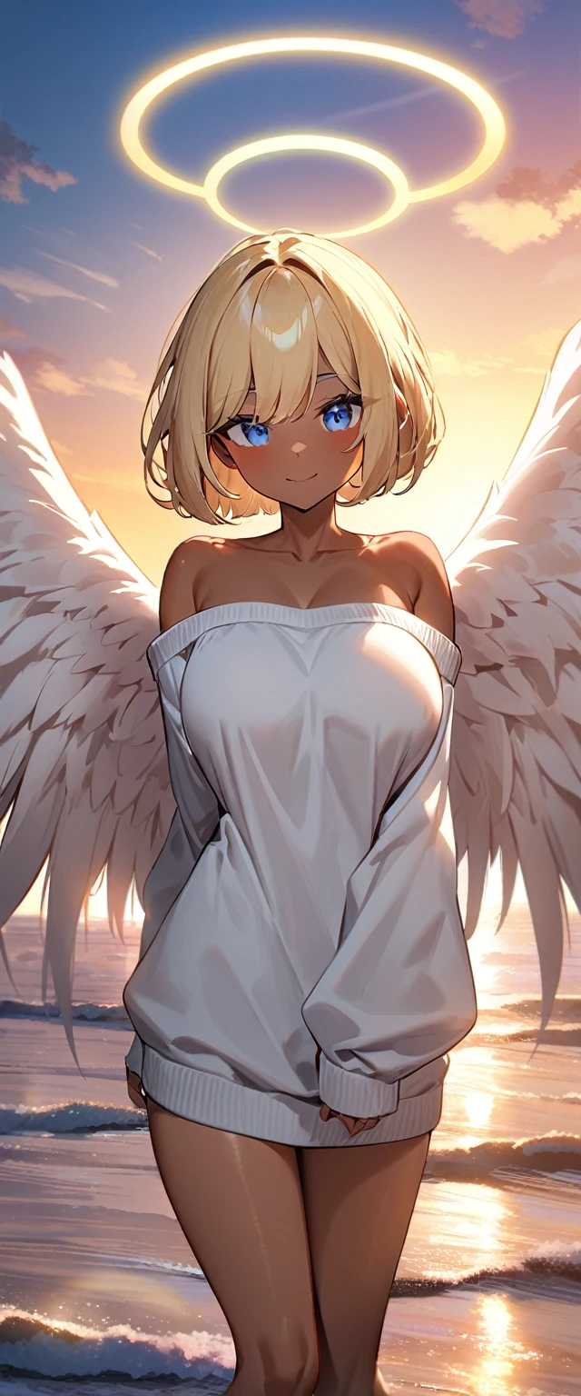 (((One girl))), full wing, ((tanned skin:1.2)), flying in the sky, ((angel, big big white wings:1.2, halo:1.3)), ((wavy hair)), evening, Sunset, sea, beach, ((blond hair, bob cut:1.3)), big breasts, teenager, (looking at viewer), oversized clothes, puffy long sleeves, collarbone, ((off-shoulder sweater dress:1.3, Quite thick shoulder straps)), (((sleeves past wrists:1.3))), ((white sweater)), collarbone, head tilt:1.3, (((blue eye))), ((happy smile)), (((anime style))), (best quality, 4K, 8K, highres, masterpiece:1.2, ultra-detailed, ultra-detailed eyes, HDR, uhd, studio lighting, ultra-fine painting, sharp focus, physically-based rendering, extreme detail description, professional, vivid colors, bokeh), ((Highest quality, Best image quality, Ultra-high resolution, Ultra-high resolution, solo, Strong eye highlights)), Depth of written boundary, Natural soft light, attractive, Beautiful Face, Cleanliness, Pure Face, medium chest, Beautiful Face, Perfect Fingers, Perfect hands, Perfect body, Perfect Face, Shine a light into your eyes, Perfect Anatomy