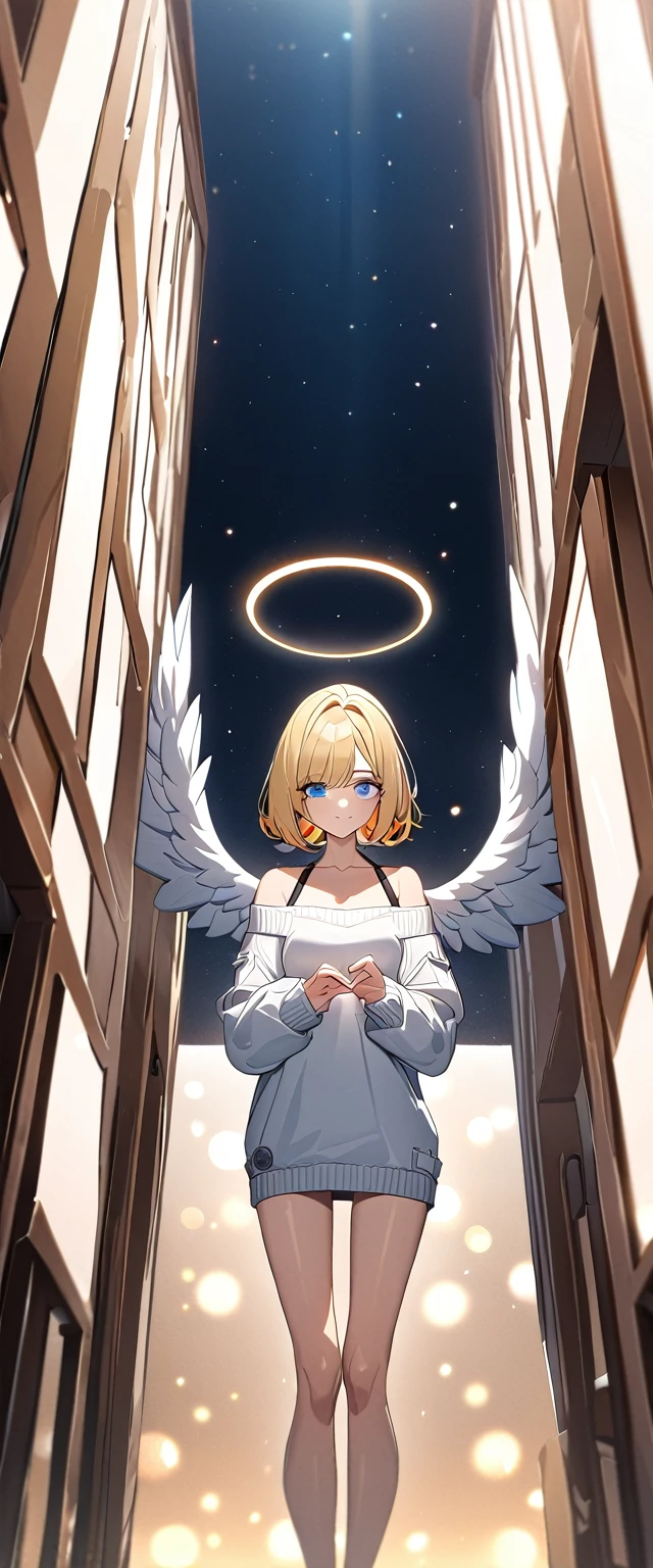 (((One girl))), (((cowboy shot))), ((flying)), ((angel, big big white wings:1.2, halo:1.3)), Uriel, ((wavy hair, outward curled hair)), evening, Sunset, ((blond hair, bob cut:1.3)), breasts, teenager, (looking at viewer), oversized clothes, puffy long sleeves, collarbone, ((off-shoulder sweater dress:1.3, Quite thick shoulder straps)), (((sleeves past wrists:1.3))), ((white sweater)), collarbone, head tilt:1.3, (((blue eyes))), ((happy smile)), (((anime style))), (best quality, 4K, 8K, highres, masterpiece:1.2, ultra-detailed, ultra-detailed eyes, HDR, uhd, studio lighting, ultra-fine painting, sharp focus, physically-based rendering, extreme detail description, professional, vivid colors, bokeh), ((Highest quality, Best image quality, Ultra-high resolution, Ultra-high resolution, solo, Strong eye highlights)), Depth of written boundary, Natural soft light, attractive, Beautiful Face, Cleanliness, Pure Face, medium chest, Beautiful Face, Perfect Fingers, Perfect hands, Perfect body, Perfect Face, Shine a light into your eyes, Perfect Anatomy