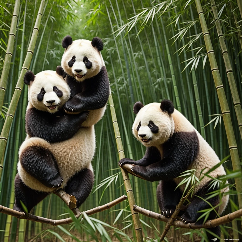 Two pandas playing happily in the bamboo forest
