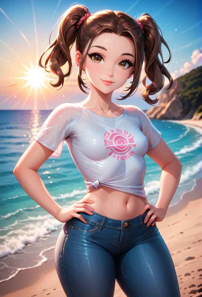 (best quality:1.4),(shiny skin), body focus, (cute face), (((best quality))), illustration, ((Beautiful Finger)), , Beautiful body, Beautiful character design, ,perfect lighting, Colorful, Bright_Front_face_Lighting, ultra high res, highres, absurdres:1.2, bokeh:1.2, lens flare, (vibrant_color:1.2), (Beautiful, small breasts:1.6), (thick thighs:1.3), THICK,
small hair, (brown hair:1.2), two pigtails held by pink hair ties, large round brown eyes, short bangs, urprised facial expression, t-shirt, large jeans, (ocean:1.3), sand, sun, outdoors, detailed eyes, looking at the viewer, hand on hip