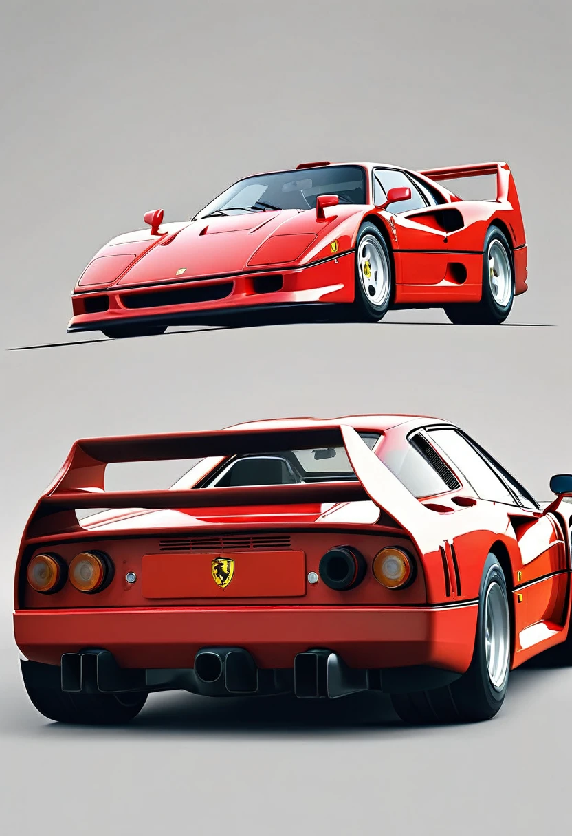 Magnifique Ferrari F40, rouge, vue arrière, stylized digital illustration, very detailed digital illustration, Retro style art, detailed vector art, retro illustration, realistic, arrière plan blanc