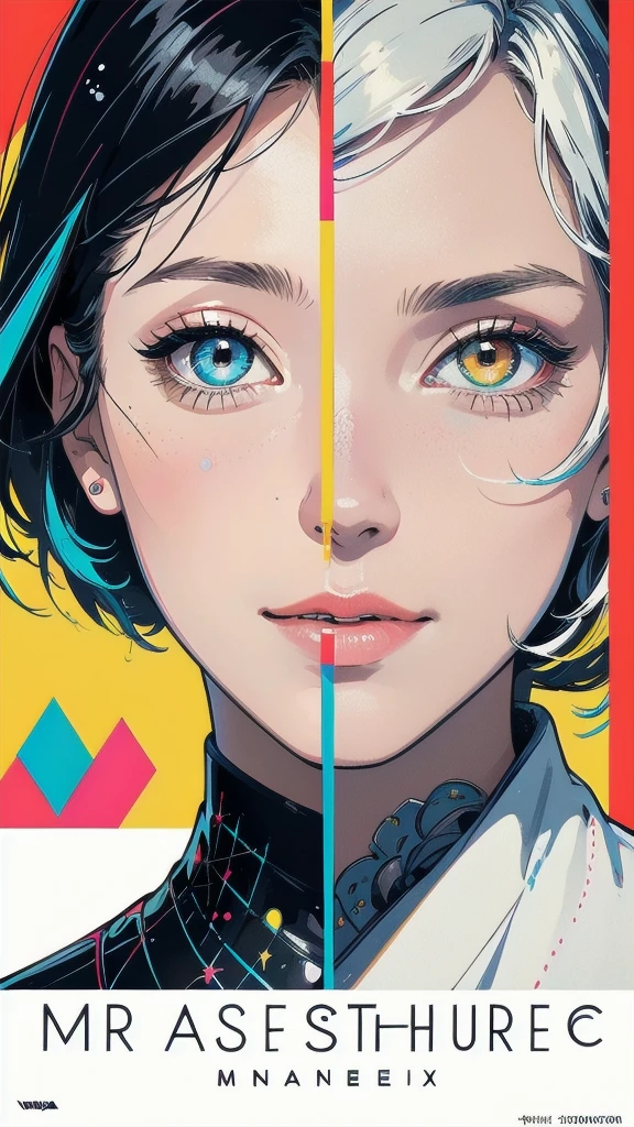 (((masterpiece, highest quality))),(((solo:1.2))),(((1girl:1.2))), 32k wallpaper, very detailed, poster,science fiction,(((geometric cinematic movie poster))), (bauhaus), shape,abstract, mid century modern, movie poster,Perfect Lady,halftone,speech bubble,(((portfolio,Close-up))),(((various angle))),(((bust up))),((extreme highlight)),Vast landscape,((((heterochromia)))),(((complete face))),