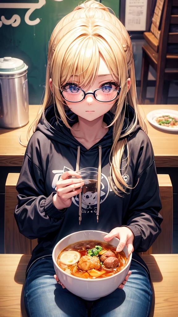 a girl with glasses and wearing a hoodie sitting at a table with a bowl of bakso and a ice tea, anime food, eating bakso, blonde anime girl with long hair, cute girl, (anime girl), cute anime girl portraits, anime artwork, beautiful anime art style, anime illustration, clean detailed anime art, beautiful girl, cozy cafe background, anime visual of a cute girl, wlop and sakimichan