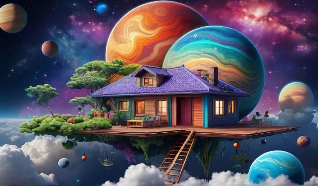 colorful, highly detailed, best quality, floating house on the clouds, colorful planets in the cosmos