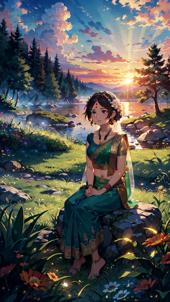 beautiful sunset, hindu temple, newly married south indian couple in traditional saree and doti outfit, decorative flower garland in thier neck, BREAK (masterpiece, best quality:1.2), outdoors, nature, forest, pines, grass, tall grass, detailed grass, plants, day, clouds, flower