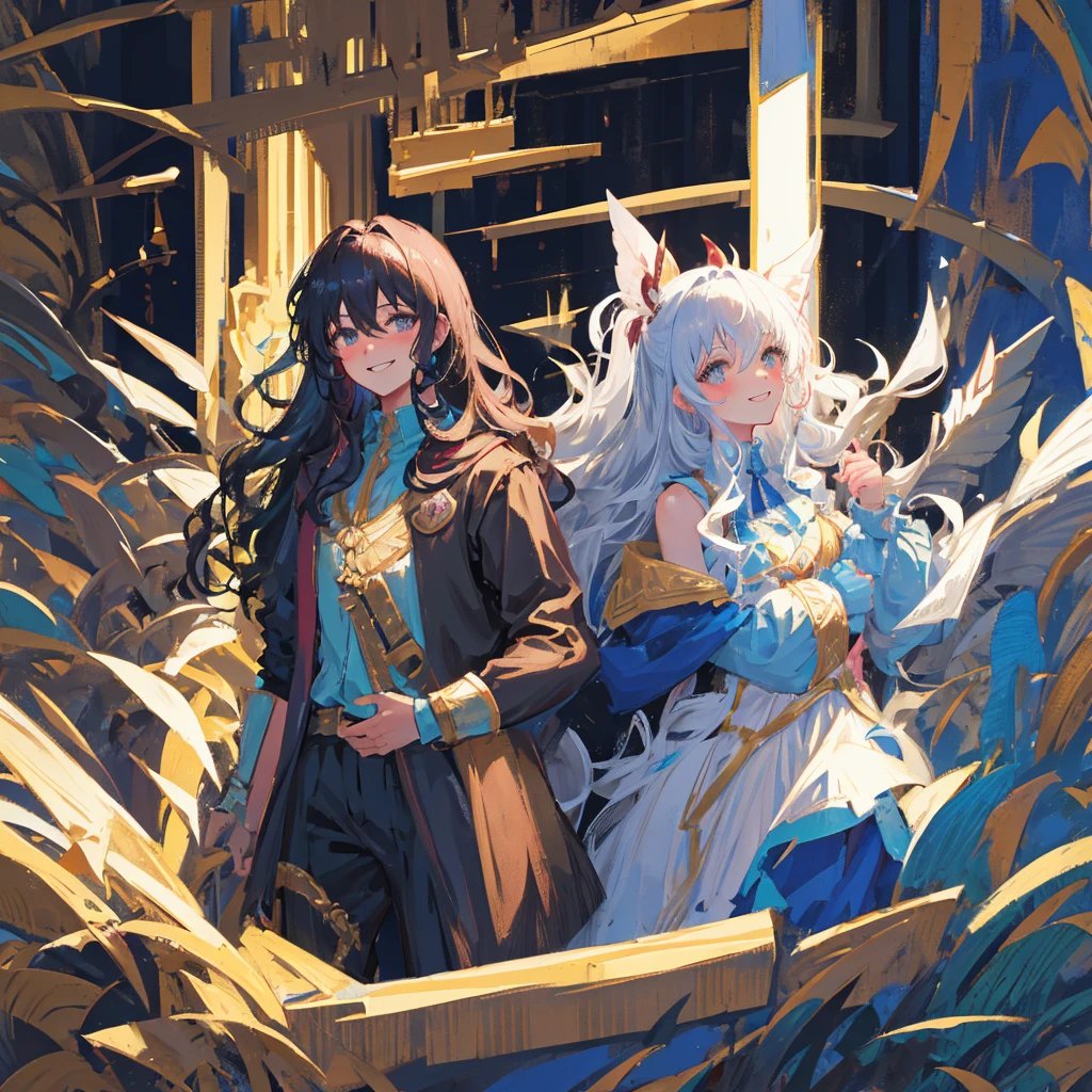 Fairy with black semi-long and wavy hair, who appears to be 25 years old, mature appearance and medieval clothing of an adventurer, blushing and with a smile 