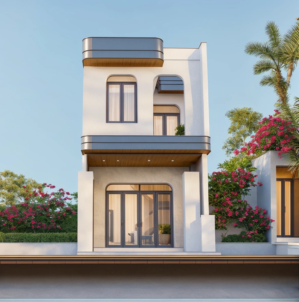 PLATEFORME KTHOUSE, Beaucoup de belles fleurs rouges le long de la route:1.3, romantique, 1 maison de style néoclassique, La maison de ville est faite de murs blancs, belle lumière, journée de beauté, ensoleillé, Beaucoup de bougainvilliers rouges le long de la route:1.3, belle sensation de jeunesse :1.2, soleil à midi, Très belles ombres, 