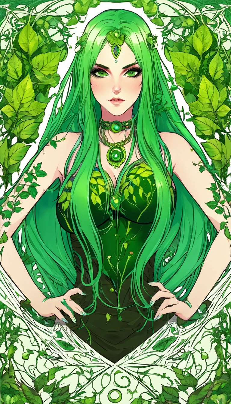 beautiful dlyad girl, long green hair, large breasts, full body, personified, fantasy, expressive eyes, beautiful face, leaves, weeds, sprouts, trees, soil, ethereality, fantasy card game frame, psychedelic, psychedelic delusion, masterpiece 