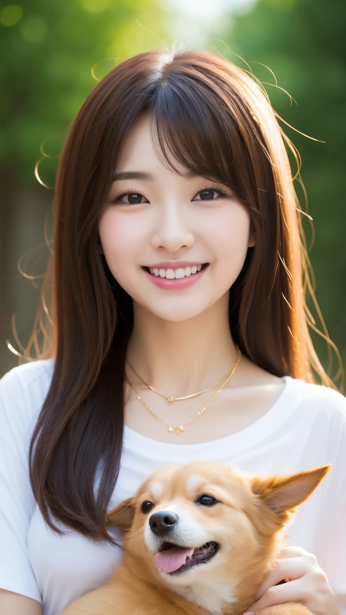 extreme close-up of beautiful korean female, 34 inch breasts size, smile, wearing t-shirt, necklace, holding dog, bokeh background, UHD