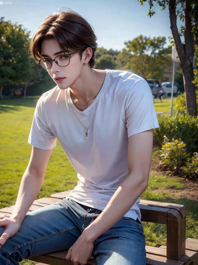 1 age boy, detailed eyes, curly brown hair, pale smooth skin, sitting outdoors, skinny jeans, plaid shirt outside, t-shirt, model, (best quality,4k,8k,highres,masterpiece:1.2),ultra-detailed,(realistic,photorealistic,photo-realistic:1.37),hyperrealistic, cinematic lighting, professional photography, natural setting, warm color tones, pale skin ultra realistic soft smooth skin, soft smile, wearing glasses