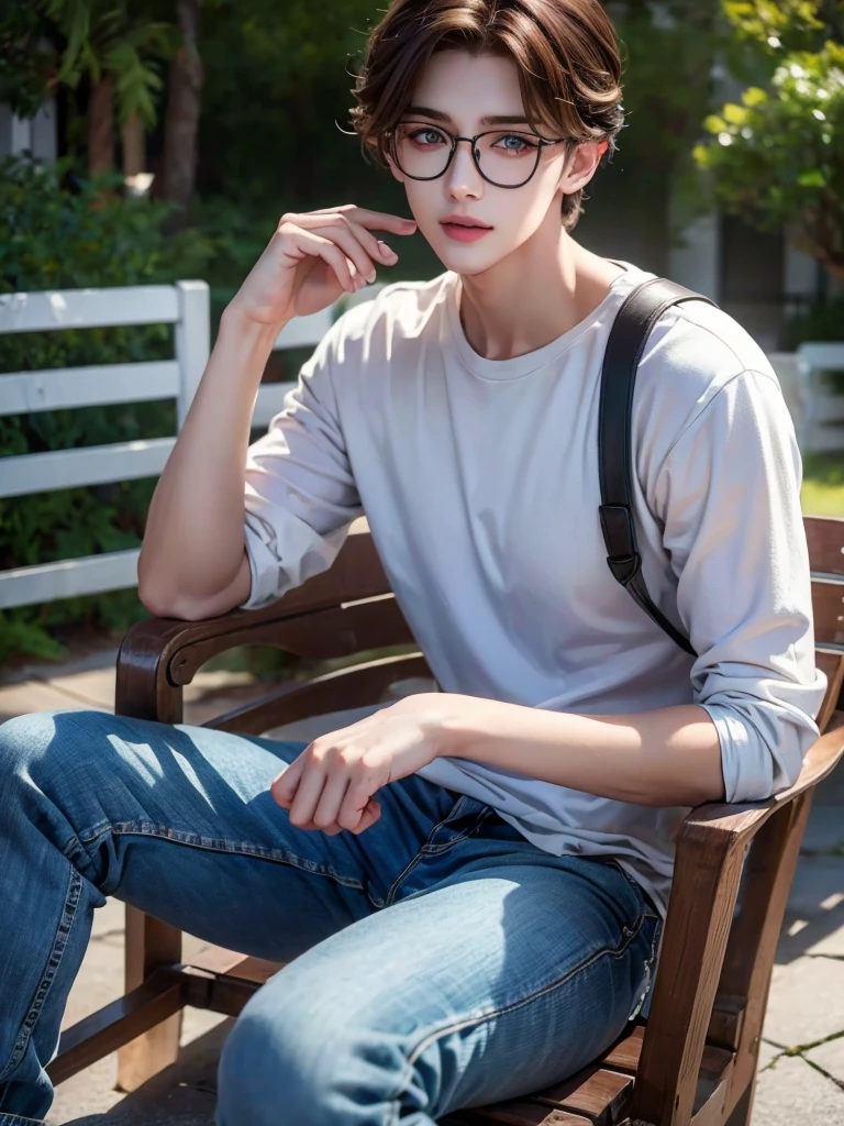 1 age boy, detailed eyes, curly brown hair, pale smooth skin, sitting outdoors, skinny jeans, plaid shirt outside, t-shirt, model, (best quality,4k,8k,highres,masterpiece:1.2),ultra-detailed,(realistic,photorealistic,photo-realistic:1.37),hyperrealistic, cinematic lighting, professional photography, natural setting, warm color tones, pale skin ultra realistic soft smooth skin, soft smile, wearing glasses