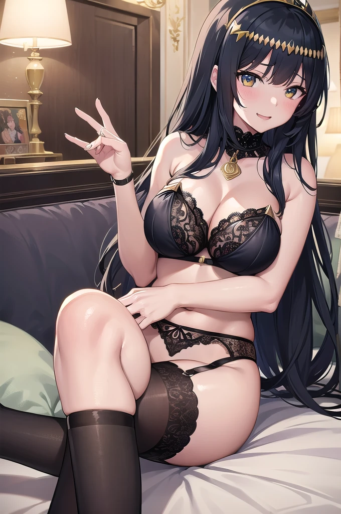 ((Anime illustration)) ,【1girl,1boy(men and women)】,In a hotel bed on a moonlit night,Beautiful night view, 【nsfw】【1boy】【penis】,((Black-haired Cleopatra)),Beautiful black bikini,((Gorgeous big breasts shining)),Lace Top Stockings,Knee-high boots,garter belt,Long satin gloves,(Laughing with your fingers),Crossing your legs,Condescending look,Provocative pose,Sexy body