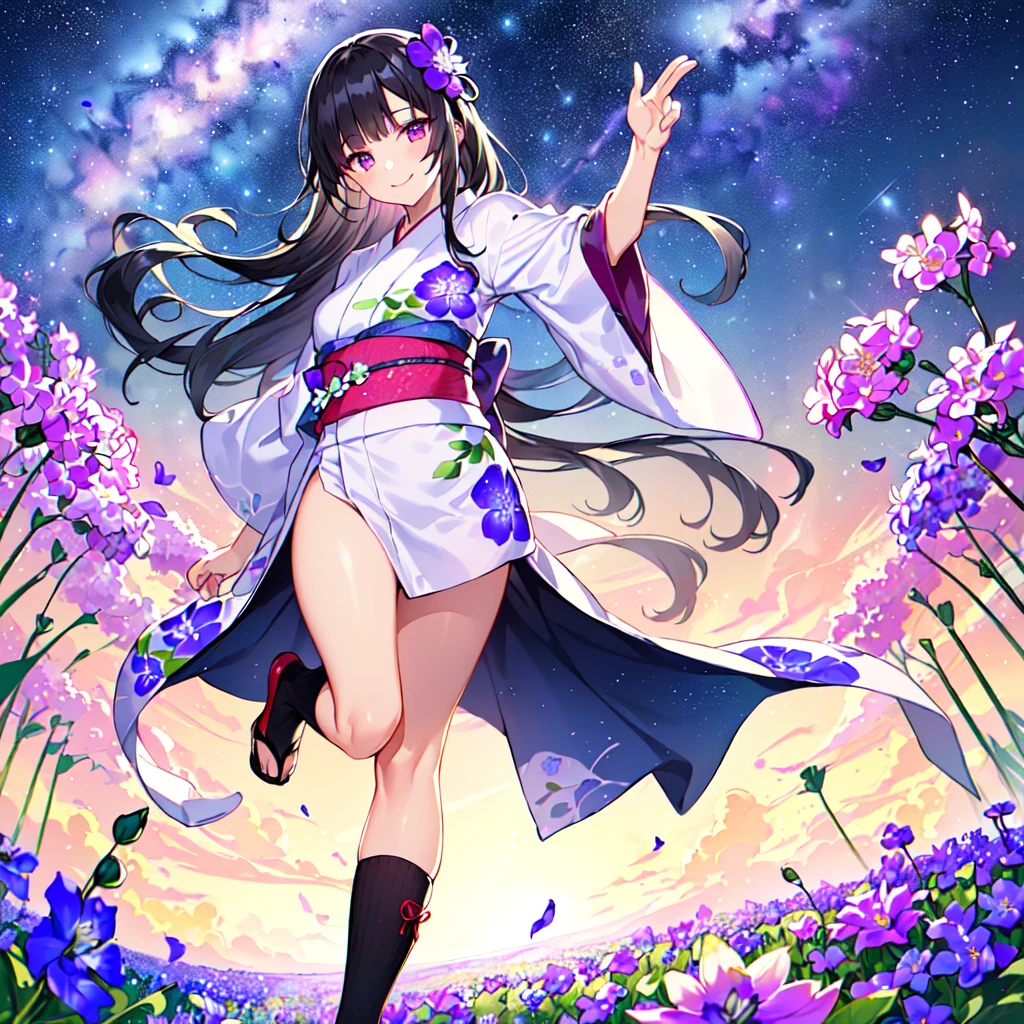 masterpiece, best quality, high quality, extremely detailed, very delicate and beautiful, (1 female 18 years old solo:1.5), (long black hair up to waist with two side up:1.5), bangs to eyebrows, eyes (eyes sharp, strong and glossy, eyebrows glossy, (eye color magenta: 1.3), 6.5 head height, (yukata bellflower flower print fashion: 1.3), bellflower hair ornament, knee socks, ruffles, lace, (smiling), (running), (dynamic pose), (background bellflower colorful flower field:1.3), (Milky Way Night Sky:1.3)