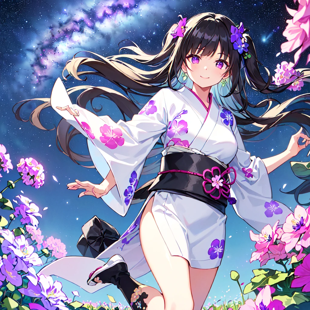 masterpiece, best quality, high quality, extremely detailed, very delicate and beautiful, (1 female 18 years old solo:1.5), (long black hair up to waist with two side up:1.5), bangs to eyebrows, eyes (eyes sharp, strong and glossy, eyebrows glossy, (eye color magenta: 1.3), 6.5 head height, (yukata bellflower flower print fashion: 1.3), bellflower hair ornament, knee socks, ruffles, lace, (smiling), (running), (dynamic pose), (background bellflower colorful flower field:1.3), (Milky Way Night Sky:1.3)