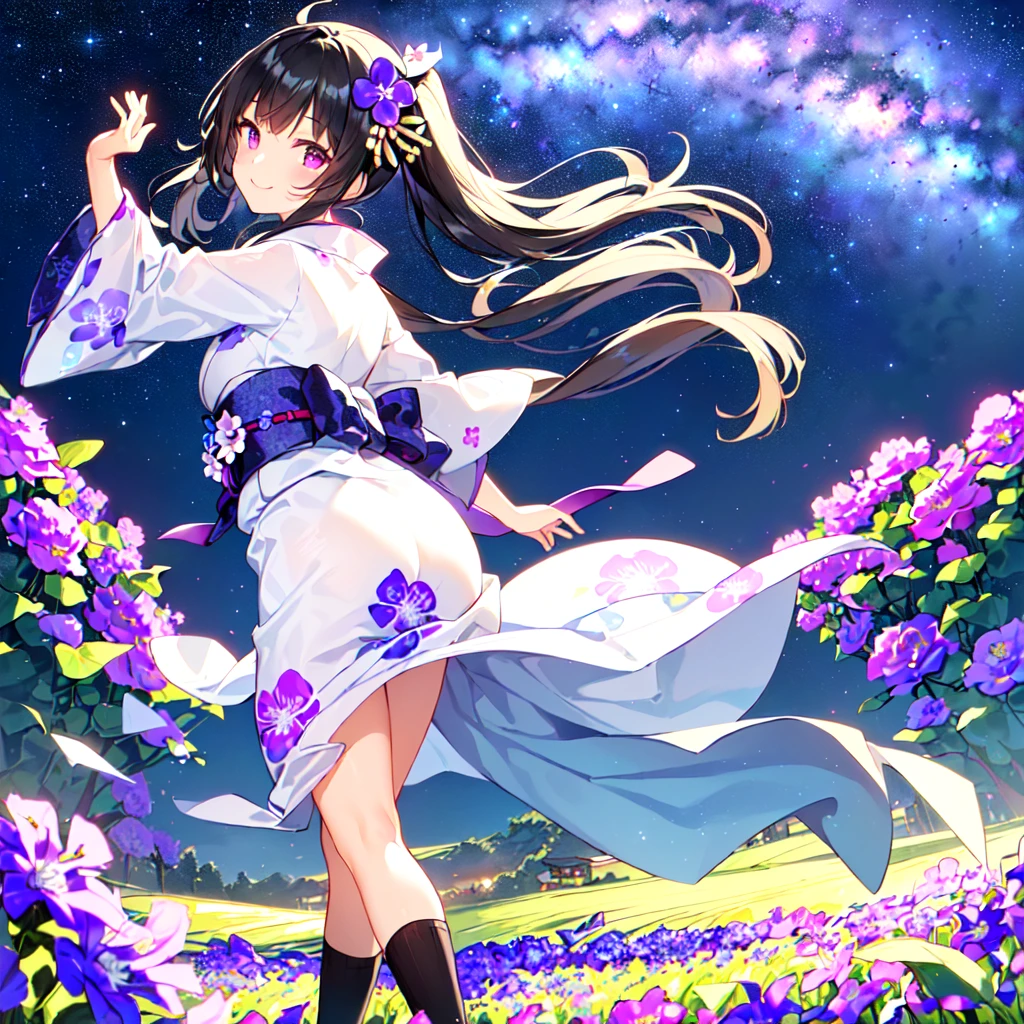 masterpiece, best quality, high quality, extremely detailed, very delicate and beautiful, (1 female 18 years old solo:1.5), (long black hair up to waist with two side up:1.5), bangs to eyebrows, eyes (eyes sharp, strong and glossy, eyebrows glossy, (eye color magenta: 1.3), 6.5 head height, (yukata bellflower flower print fashion: 1.3), bellflower hair ornament, knee socks, ruffles, lace, (smiling), (running), (dynamic pose), (background bellflower colorful flower field:1.3), (Milky Way Night Sky:1.3)