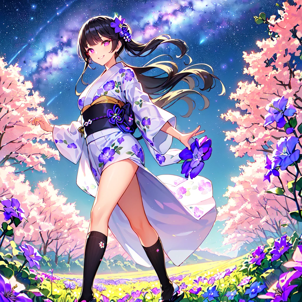 masterpiece, best quality, high quality, extremely detailed, very delicate and beautiful, (1 female 18 years old solo:1.5), (long black hair up to waist with two side up:1.5), bangs to eyebrows, eyes (eyes sharp, strong and glossy, eyebrows glossy, (eye color magenta: 1.3), 6.5 head height, (yukata bellflower flower print fashion: 1.3), bellflower hair ornament, knee socks, ruffles, lace, (smiling), (running), (dynamic pose), (background bellflower colorful flower field:1.3), (Milky Way Night Sky:1.3)