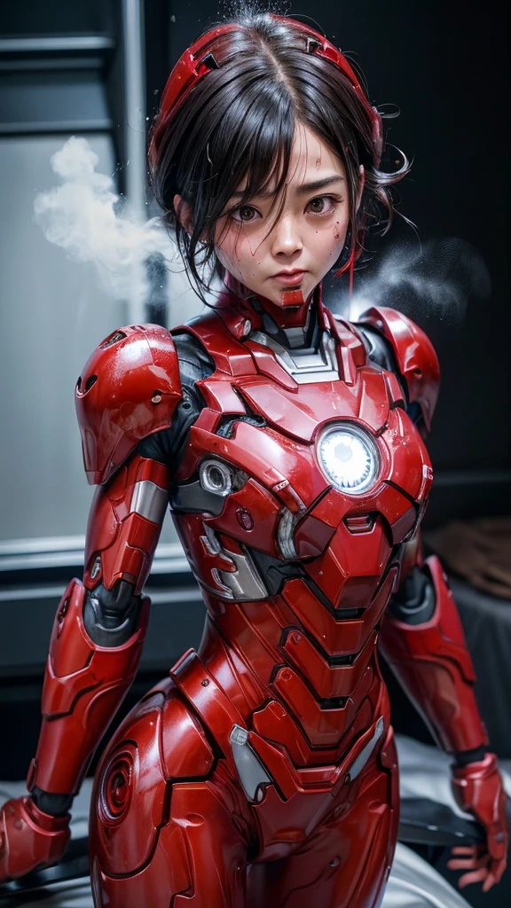 Highest quality 8k Red Iron Man Suit Girl Japanese middle-aged women Sweaty face cute short hair boyish Steam coming out of my head My hair is wet with sweat The feel of black hair Full body portrait My upper body is soaked Red Headgear I can see the vagina Lying in bed Steam coming out of the body Vomit Mouth soaked