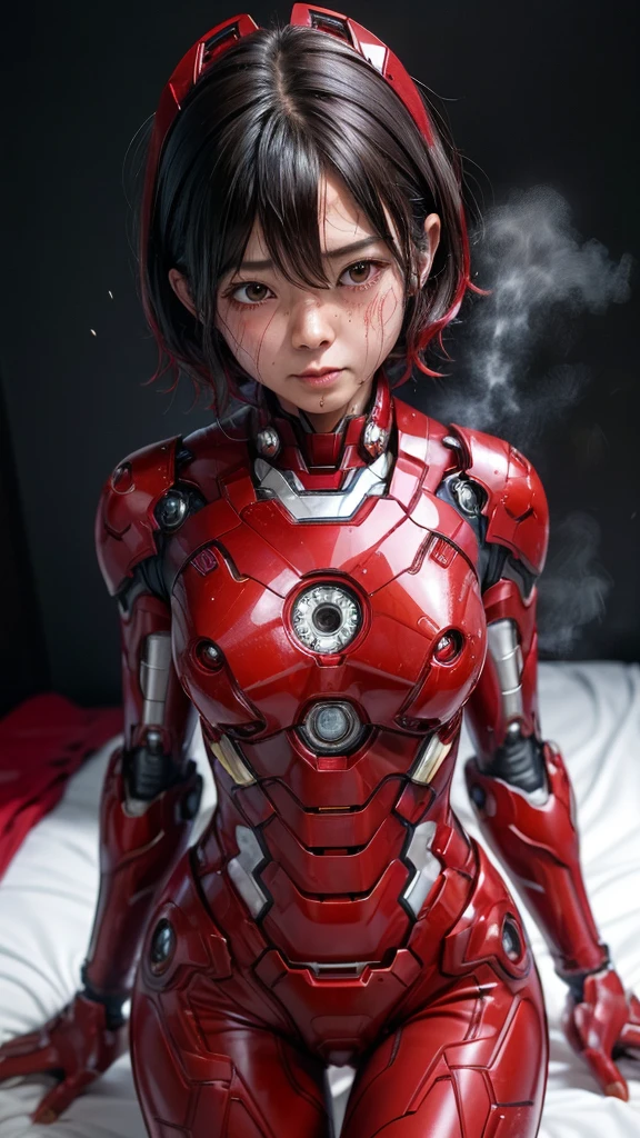 Highest quality　8k Red Iron Man Suit Girl　Japanese middle-aged women　Sweaty face　cute　short hair　boyish　Steam coming out of my head　My hair is wet with sweat　The feel of black hair　Full body portrait　My upper body is soaked　 Red Headgear　I can see the vagina　Lying in bed　Steam coming out of the body　Vomit　Mouth soaked