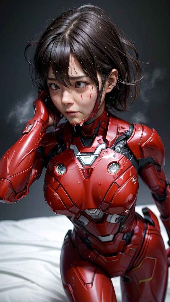 Highest quality　8k Red Iron Man Suit Girl　Japanese middle-aged women　Sweaty face　cute　short hair　boyish　Steam coming out of my head　My hair is wet with sweat　The feel of black hair　Full body portrait　My upper body is soaked　 Red Headgear　I can see the vagina　Lying in bed　Steam coming out of the body　Vomit　Mouth soaked