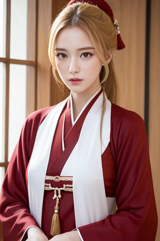 High quality, best quality, photo-realistic, Raw-photo, realistic, ultra realistic 8k cg, very detailed, high definition, Masterpiece, 1 girl, American Girl, Slender face, long hair, blonde hair, Ponytail , red eyes, Face and eye details, Top half, Hand in hand., Cold expression, posture of authority, complicated details, big breasts, Fine texture, exquisite details, red dress, black tassel dress, Hanfu,