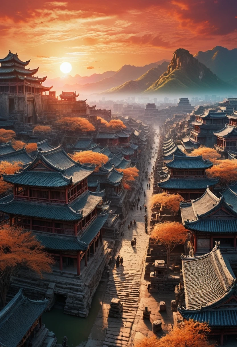 Ancient City at Sunset, by Zao Wou-Ki, panoramic view, Ultra high saturation, (best quality, masterpiece, Representative work, official art, Professional, unity 8k wallpaper:1.3)