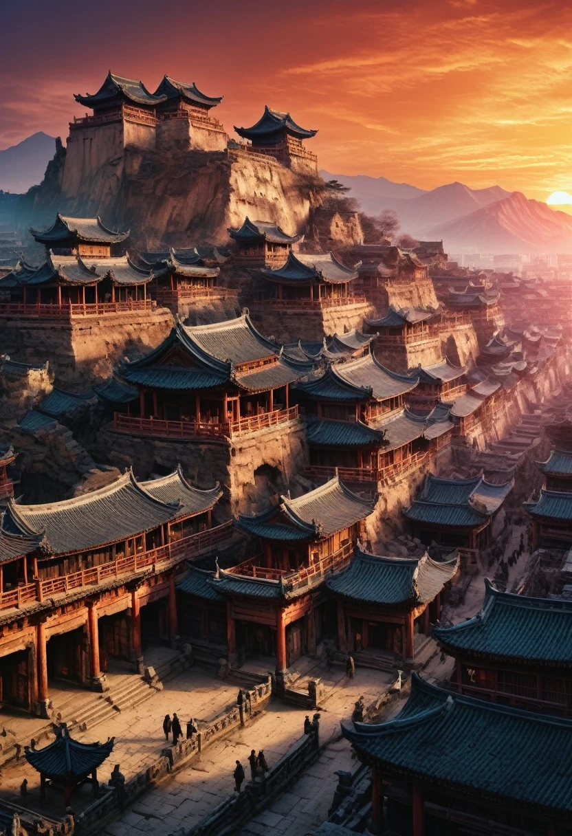 Ancient City at Sunset, by Zao Wou-Ki, panoramic view, Ultra high saturation, (best quality, masterpiece, Representative work, official art, Professional, unity 8k wallpaper:1.3)