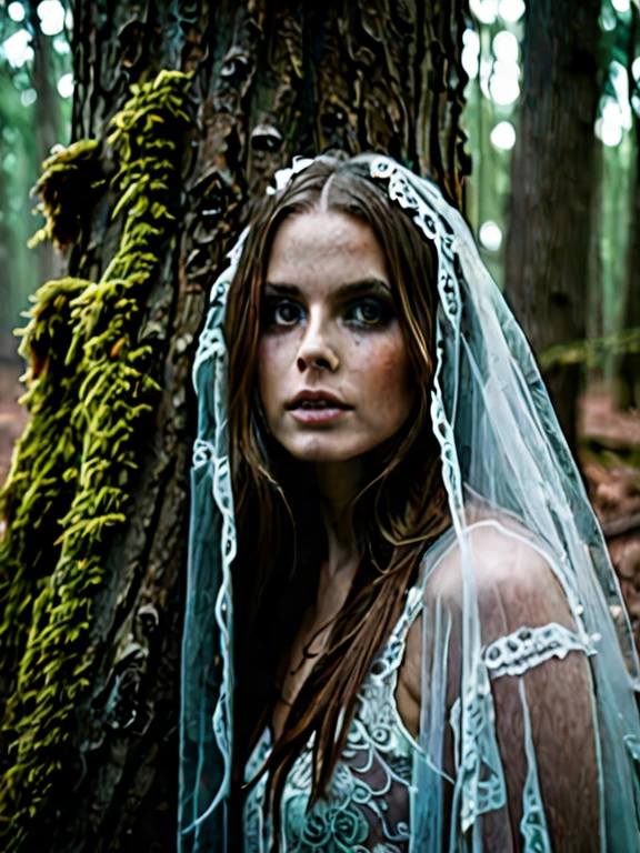 Ghostly portrait in a dark forest, beautiful girl