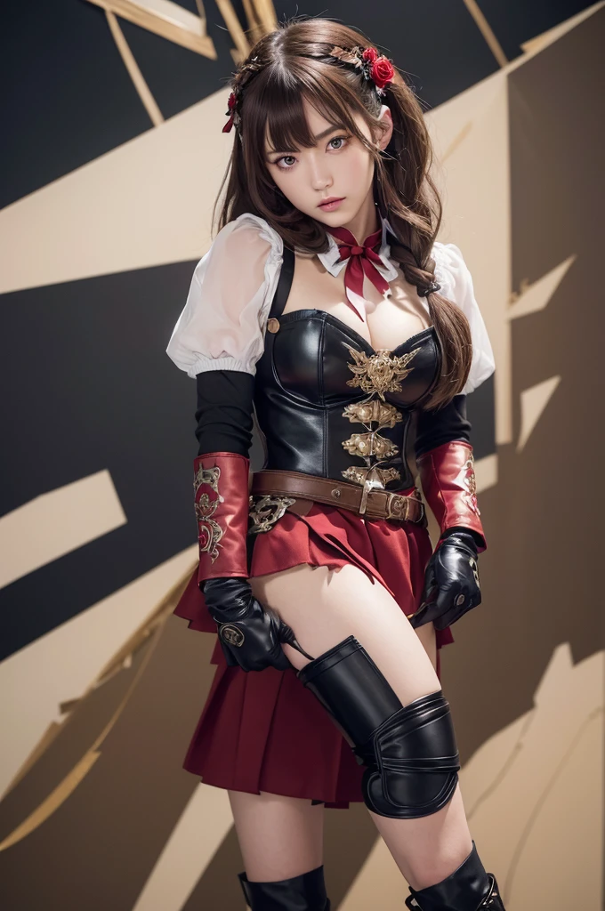 masterpiece, best quality,  <lora:80year03:0.7>, indoors, <lora:amber:1>,1girl,,goggles on head, long hair,gloves,shorts,brown hair,red thighhighs, cleavage, red ribbon, long sleeves, shrug \(clothing\), jacket,pouch,