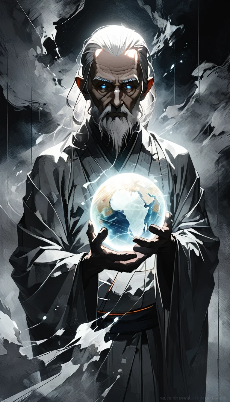 glow ball in hands,dark, dark atmosphere, deep shadow, shadow, spirit, portrait Elderly Man in (gray kimono) holds in his hands the planet earth, outer space, vishai, a giant Elderly Man between whose hands is the earth, geometric composition, Elderly, [Nordic] anorexic , Long gray hair, Old white skin, Round glow blue eyes, Oval faces, anorexic small neck, Thin nude Lips, Bold Tapered gray Eyebrows, snub nose, Hunched Shoulders, Slim Thighs, anorexic Slim arms legs and breast, High Angled Cheekbones, Hollow Cheeks, Rounded Chin, Rounded Jawline, Attached Pointed ears, round forehead, Designer Stubble gray whiskers, triangular small gray hair beard, graphic style of novel comics,dark novel style, comic, 2d, 8k, hyperrealism, masterpiece, high resolution, best quality, ultra-detailed, super realistic, Hyperrealistic art, high-quality, ultra high res, highest detailed, lot of details, Extremely high-resolution details, incredibly lifelike, colourful, soft cinematic light,