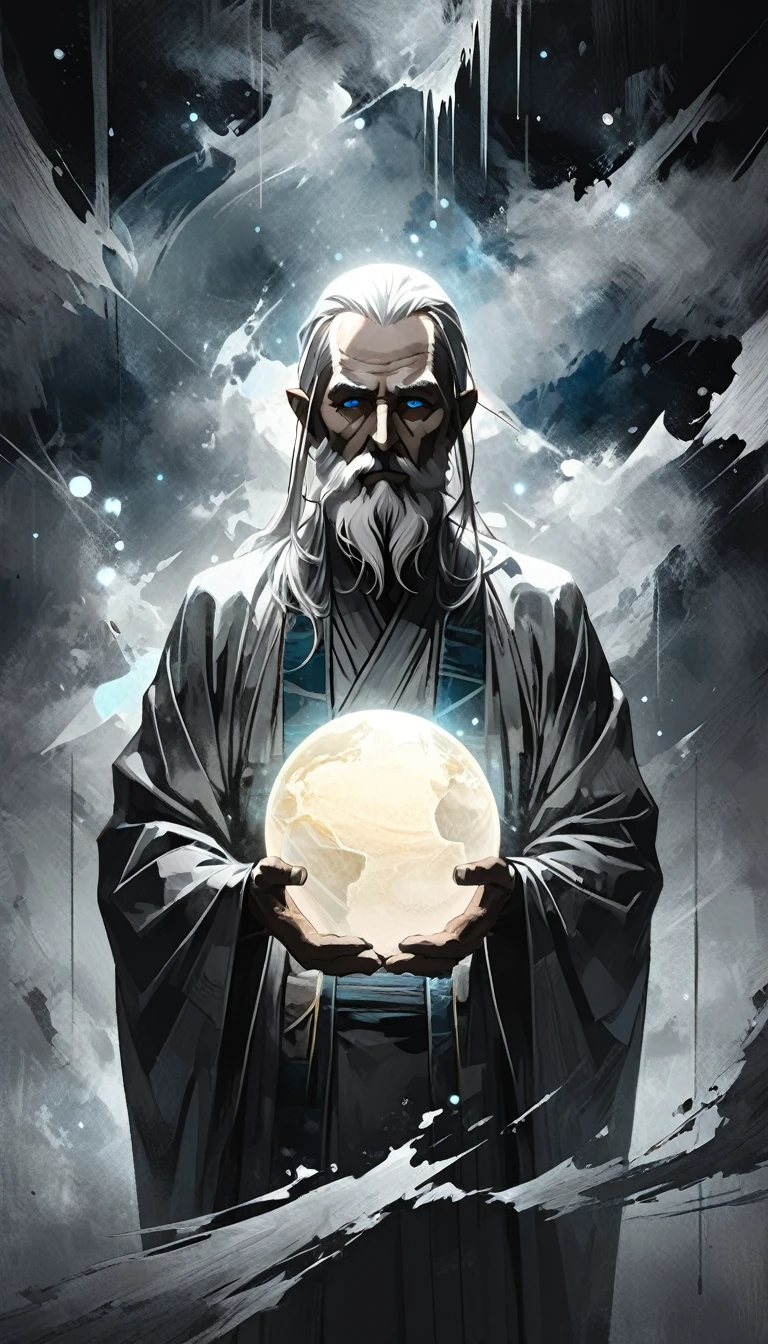 glow ball in hands,dark, dark atmosphere, deep shadow, shadow, spirit, portrait Elderly Man in (gray kimono) holds in his hands the planet earth, outer space, vishai, a giant Elderly Man between whose hands is the earth, geometric composition, Elderly, [Nordic] anorexic , Long gray hair, Old white skin, Round glow blue eyes, Oval faces, anorexic small neck, Thin nude Lips, Bold Tapered gray Eyebrows, snub nose, Hunched Shoulders, Slim Thighs, anorexic Slim arms legs and breast, High Angled Cheekbones, Hollow Cheeks, Rounded Chin, Rounded Jawline, Attached Pointed ears, round forehead, Designer Stubble gray whiskers, triangular small gray hair beard, graphic style of novel comics,dark novel style, comic, 2d, 8k, hyperrealism, masterpiece, high resolution, best quality, ultra-detailed, super realistic, Hyperrealistic art, high-quality, ultra high res, highest detailed, lot of details, Extremely high-resolution details, incredibly lifelike, colourful, soft cinematic light,